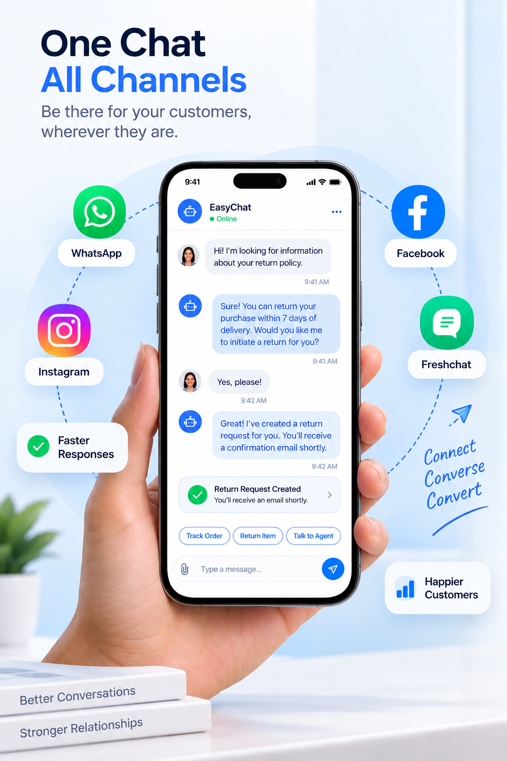 EasyChat unifies WhatsApp, Instagram, Facebook, and Freshchat into one chat β connect, converse, convert for faster responses and happier customers