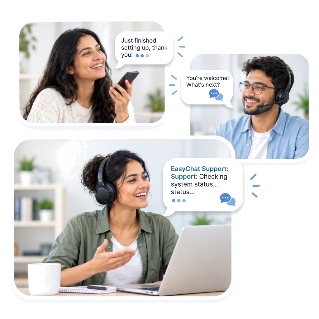 EasyChat customer and agent conversations showing live chat messaging and quick resolution
